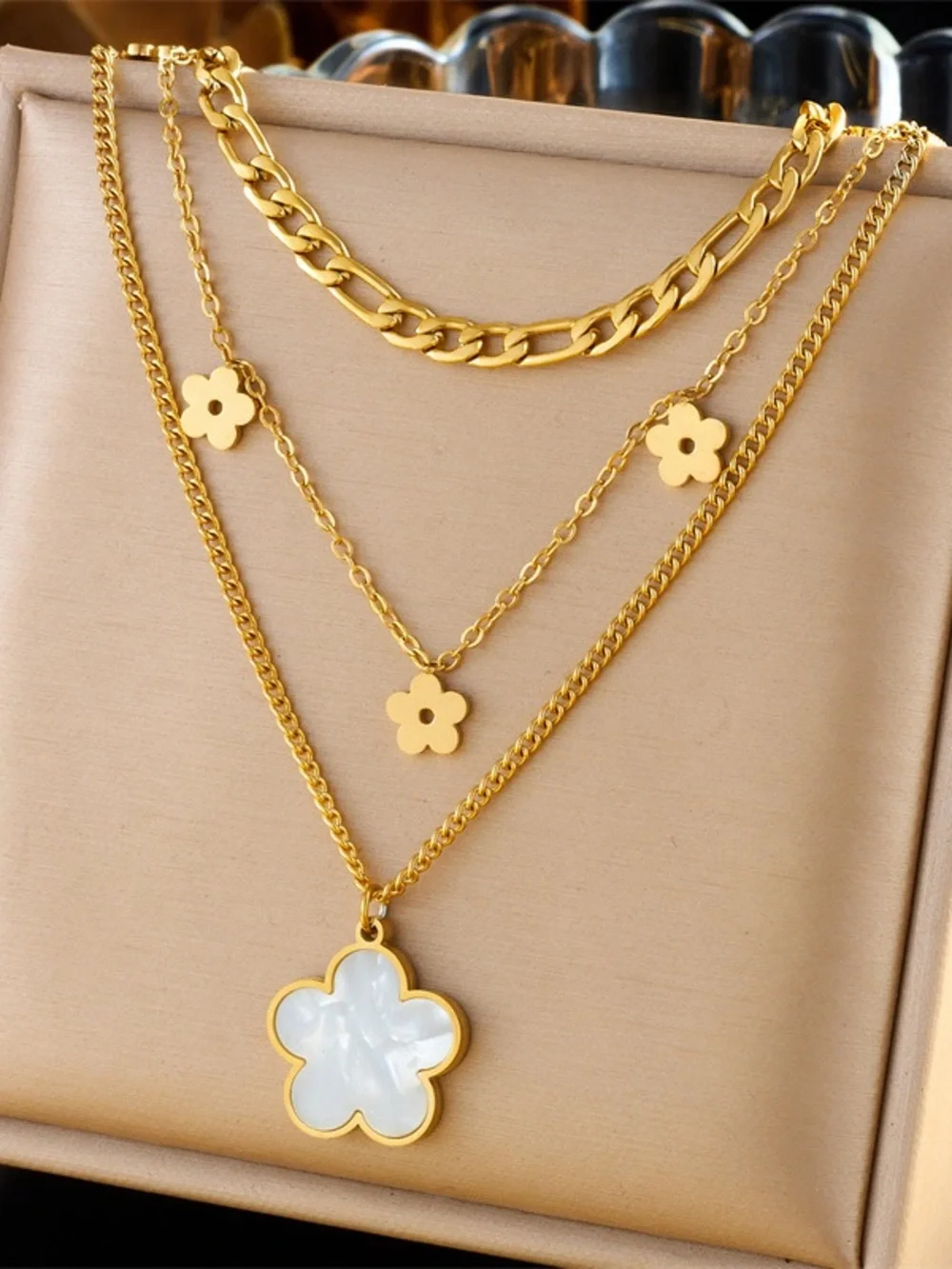 Gold Floral Layered Necklace with Mother-of-Pearl Pendant